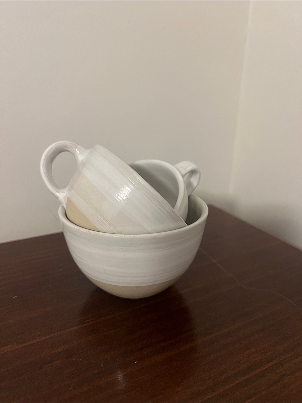 Stoneware Ceramic Bowl and Two Mugs in White and Cream